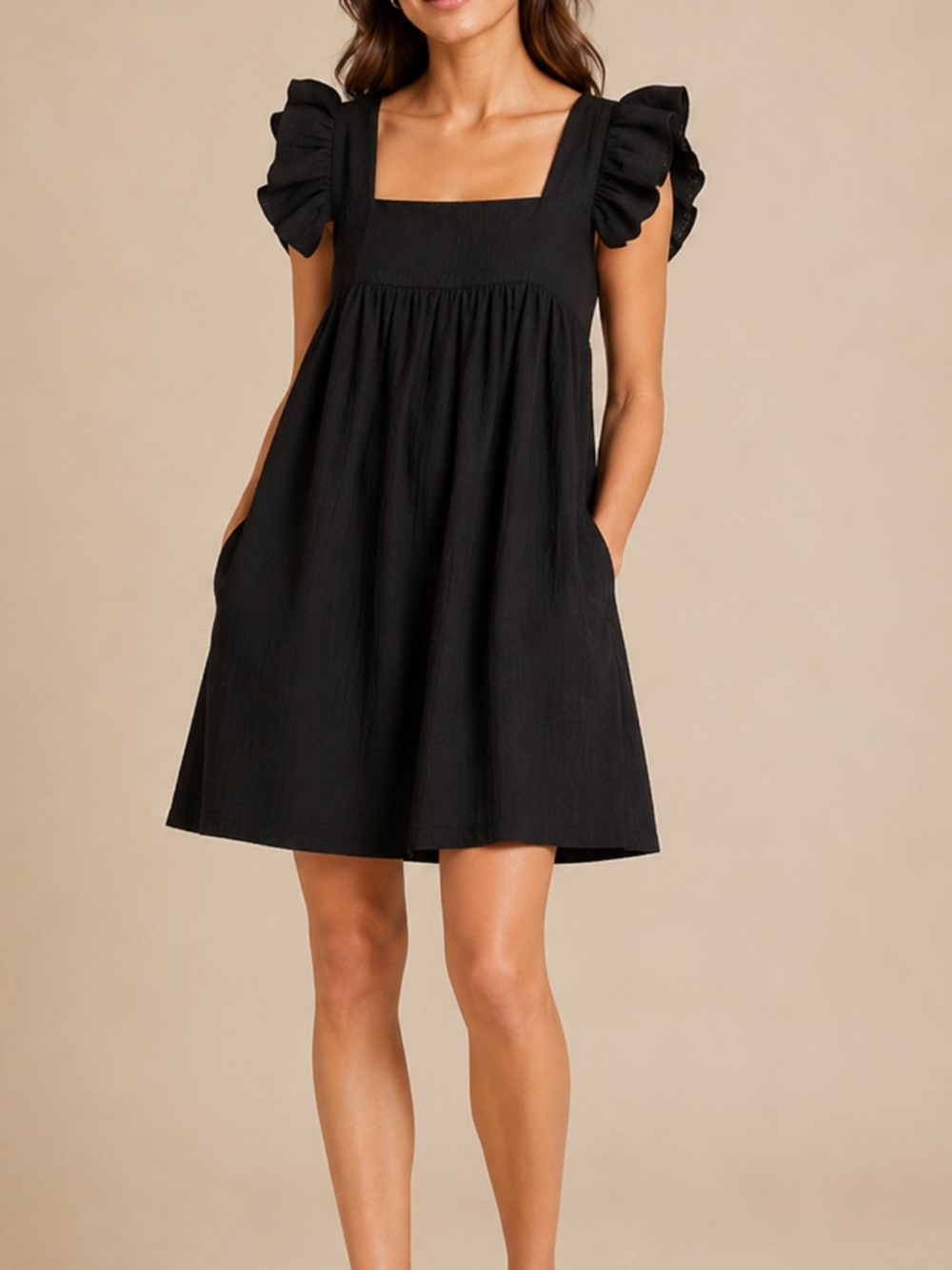 O.P.T. Black Cotton Linen Ruffle Sleeve Babydoll Mini Dress Size M